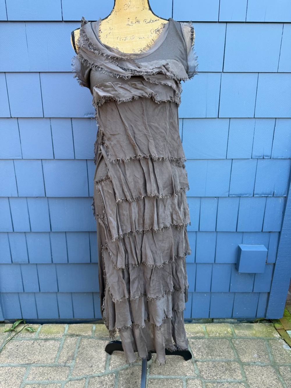 Dance in Paris by Carmen M Boho Tiered Fringe Maxi Dress - Taupe silk